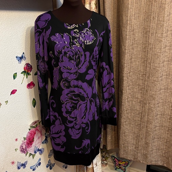 Cache, elegant black purple and gold floral long sleeve mini dress. Size 10. - Picture 6 of 17